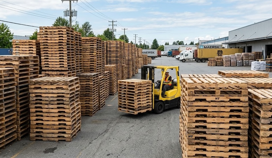 Forklift operations in the pallet yard with shipping containers