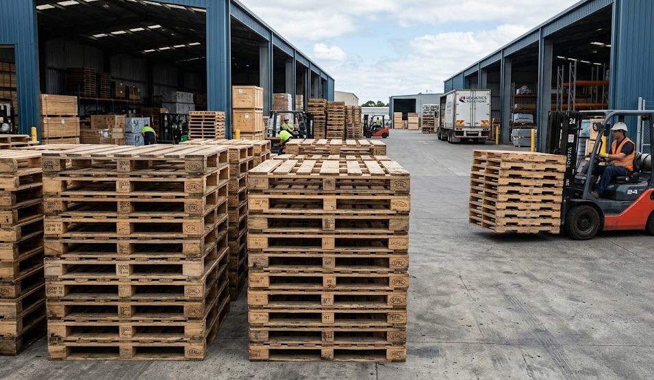 Loading dock with pallet stacks and forklifts