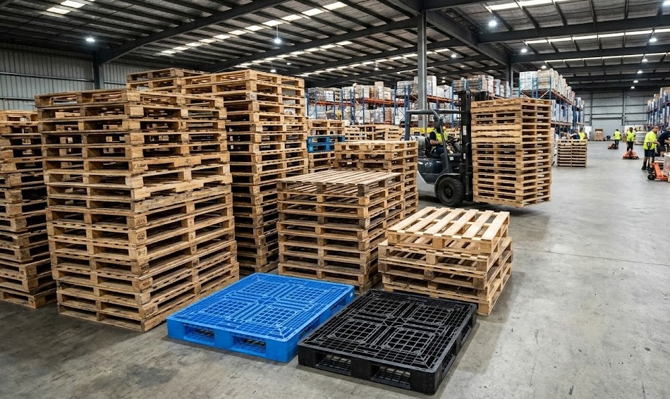 Indoor facility with mixed wood and plastic pallet inventory